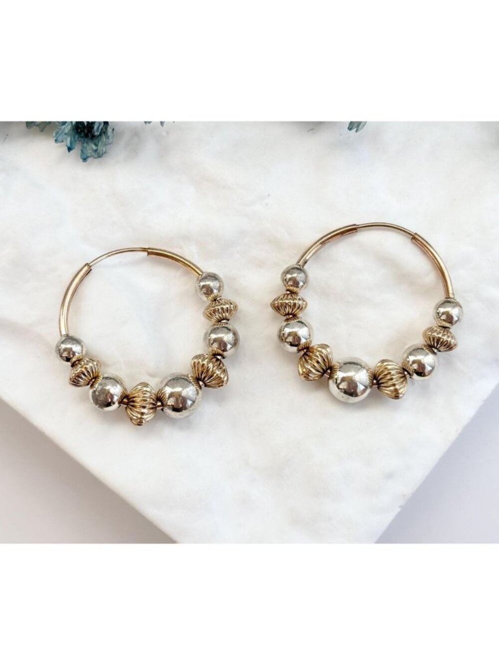 Corrugated Sliding Beaded Dual Silver & Gold Toned Hoop Vintage Earrings